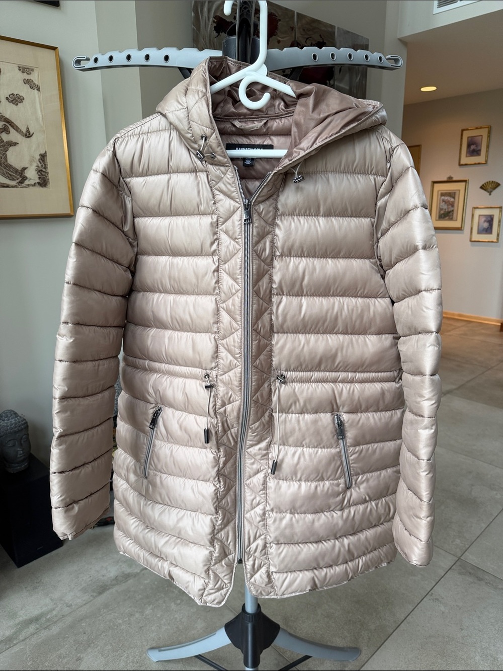 Kenneth Cole Light Taupe Quilted Adjustable Waist Hooded Puffer Coat - women XL